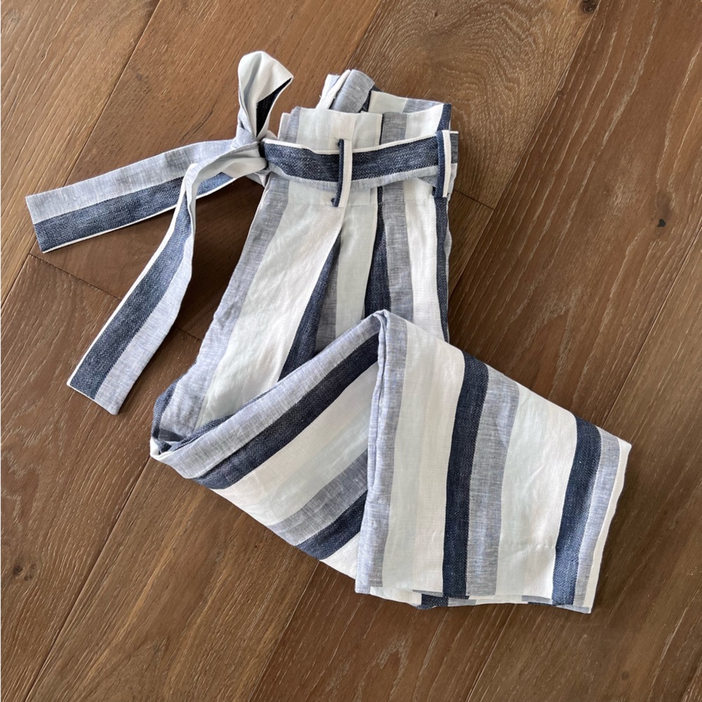 J.Crew NWOT Point Sur Paper Bag Linen Striped Wide Leg Pants, L2547 - Picture 1 of 13